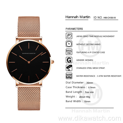 Hannah Martin CC36 Watch New Dress Bracelet Japan Quartz Movement Watch Woman Fashion Full Steel Women Watches Relogio Feminino